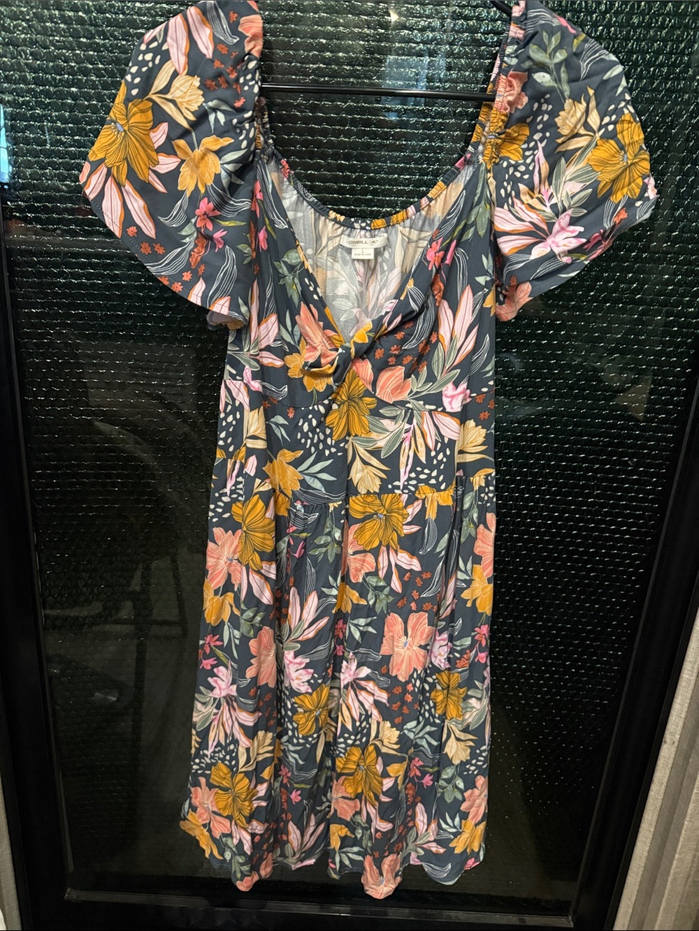 O'Neill Charcoal Floral Midi Dress with Pink & Mustard Blooms